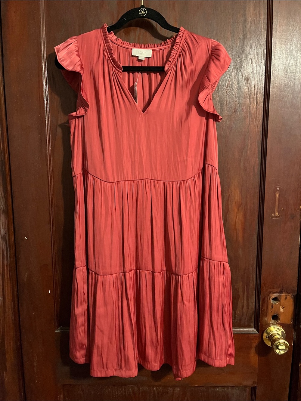 LOFT Terracotta Tiered V-Neck Flutter Sleeve Midi Dress